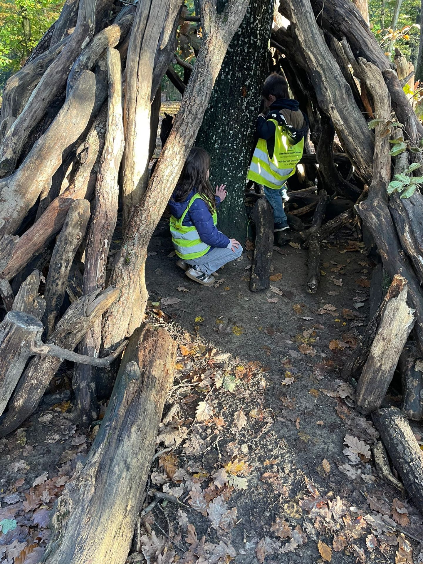 Activité nature Montessori – construction en forêt avec encadrement éducatif